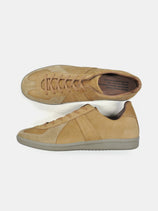 Reproduction of Found German Military Trainers: unisex sneakers in tan suede and Italian leather with rubber soles, displayed side and top view on a plain white background.