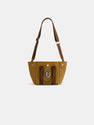The Painted Mini is a brown canvas shoulder bag with two short handles, an adjustable strap, and a front pocket decorated with a blue and white oval emblem, shown against a plain white background.