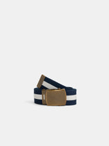 The Striped Web Belt, featuring navy blue and white stripes and a rectangular brass buckle, is showcased rolled up against a plain white background.