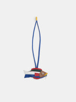 Fish Charm in Leather featuring a multi-colored fish-shaped design and a blue hanging cord.