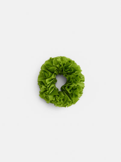 Green ruffled Frisee Hair Scrunchie in Silk.