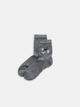 Maria La Rosa Doggy Socks: gray Italian socks with a small dog embroidered on the ankle, shown on a plain white background.