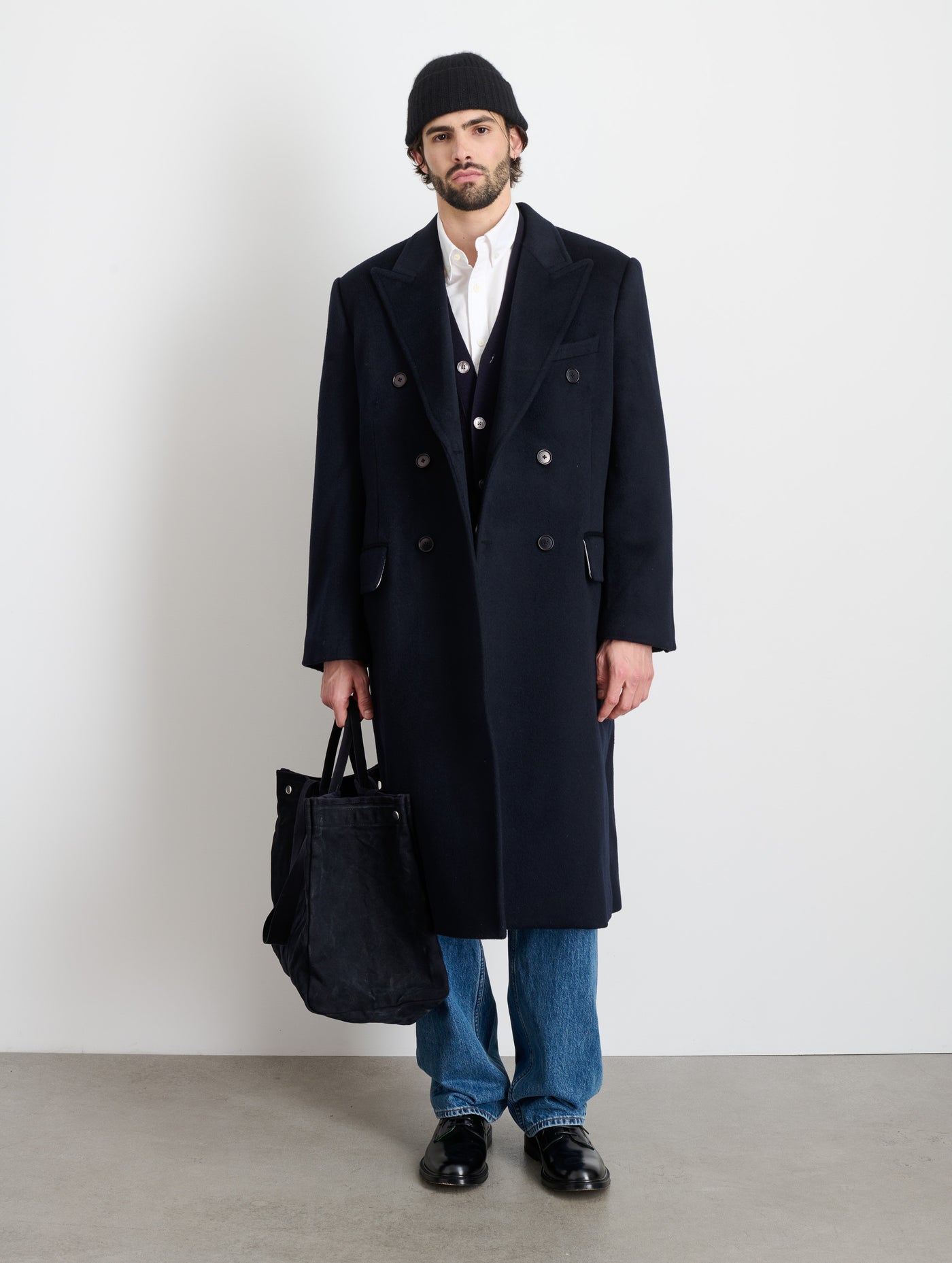 James Double Breasted Top Coat In Wool In Dark Navy