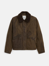 Ford Bomber Jacket in Waxed Canvas shown on a white background. This brown waxed cotton jacket features a dark brown removable sherpa collar, two front flap pockets with snap closures, and a visible Alex Mill label inside the collar, evoking the look of vintage Italian designer styles.