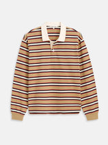 The Rugby Striped Shirt In Cotton Jersey is a men's beige shirt with horizontal red, white, and black stripes, contrast collar, beige cuffs, and a classic boxy fit.