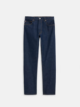 The AM Original 5 Pocket Jean X J.Press is a men's straight-leg blue jean made from 100% cotton, featuring five pockets and a button closure, shown flat on a white background.