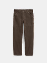 The Painter Pant in Fine Wale Corduroy features a brown, straight-leg silhouette with front patch pockets, belt loops, and silver rivet details, shown flat against a white background.