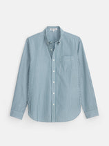 The Thomas Mason x Alex Mill Striped Mill Shirt is a blue and white vertically striped long-sleeve button-up, expertly crafted from premium Italian cotton with a front chest pocket, shown laid flat on a white background—a refined addition to any men’s dress shirt collection.