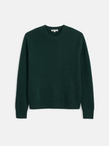The Jordan Sweater in Washed Cashmere is a dark green, long-sleeve ribbed knit sweater featuring a crew neckline. It is crafted from luxurious cashmere and is displayed flat on a white background.