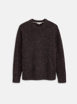 The Donegal Crewneck Sweater, shown in dark brown with long sleeves and a textured speckled pattern, is laid flat on a light gray background.