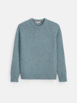 Donegal Crewneck Sweater in blue alpaca blend with a multicolored flecked pattern and ribbed cuffs and hem.
