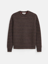 Jordan Striped Sweeter in Washed Cashmere, a lightweight brown crewneck sweater featuring thin horizontal dark blue stripes and a full cardigan stitch.