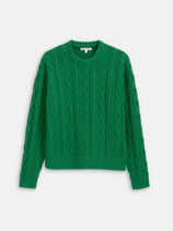 The Aaron Cable Sweater in Cotton features a green cable knit design, long sleeves, a crew neckline, ribbed cuffs and hem, a relaxed fit, and soft fabric. Shown against a white background.
