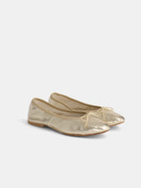 The Porselli x Alex Mill Ballet Flat features gold metallic leather, small bows on each toe, and leather soles, shown against a plain white background.