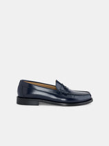 New York Loafer Sister handmade Italian dark navy blue leather penny loafers with a low heel.
