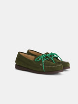 The Tampa Boat Shoe Sister is a pair of green suede moccasin loafers with bright green laces and brown soles, inspired by classic Italian boat shoes and displayed on a plain white background.