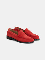 The Sesa New York Loafer Sister In Suede, featuring handsewn suede uppers and black soles, is displayed on a white background with one shoe slightly ahead of the other.