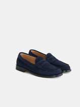 The Sesa New York Loafer Sister in Suede features navy blue calf suede uppers, black soles, and tan interiors, shown against a white background.