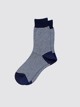 Maria La Rosa Bio Cotton Ribbed Socks in Stripes, featuring navy blue and white stripes with solid navy heels, toes, and cuffs, displayed on a light gray background.