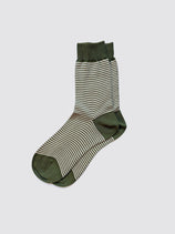 The Maria La Rosa Bio Cotton Ribbed Socks in Stripes feature green and white stripes with solid green heels, toes, and cuffs, shown against a plain light gray background.