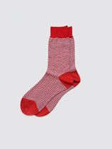 Maria La Rosa Bio Cotton Ribbed Socks in Stripes, featuring red and white stripes with solid red toes, heels, and cuffs, are shown on a plain light gray background.