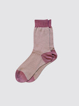 The Maria La Rosa Bio Cotton Ribbed Socks in Stripes feature alternating light beige and mauve-pink stripes with solid mauve-pink heels, toes, and cuffs, shown on a plain light gray background.