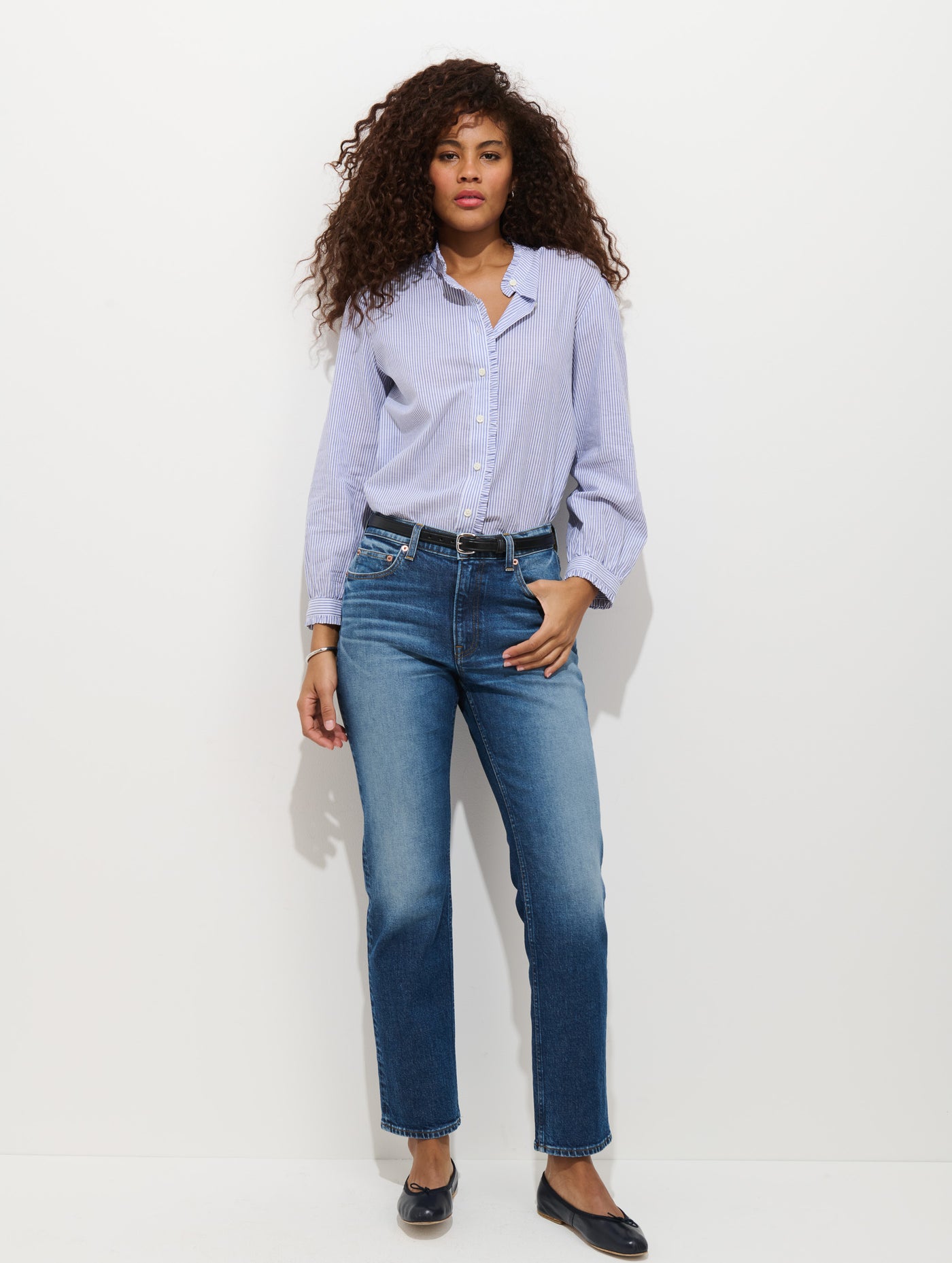 Chantilly Striped Ruffle Shirt In Cotton Voile