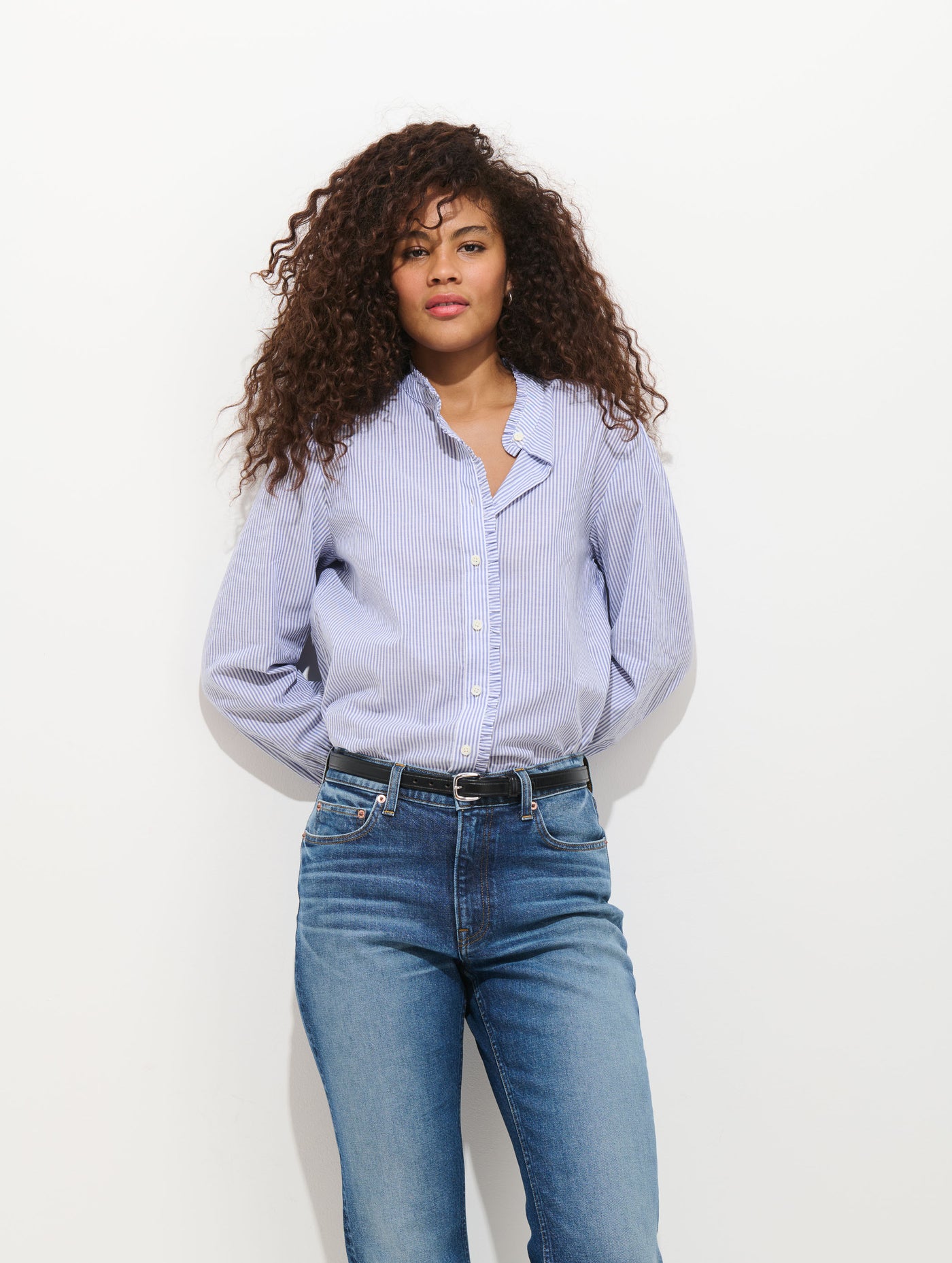 Chantilly Striped Ruffle Shirt In Cotton Voile